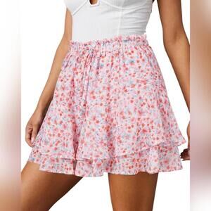 NWT Aoudery Flowy Casual Boho Floral Ruffle Mini Skirt Skorts, Chiffon, Large